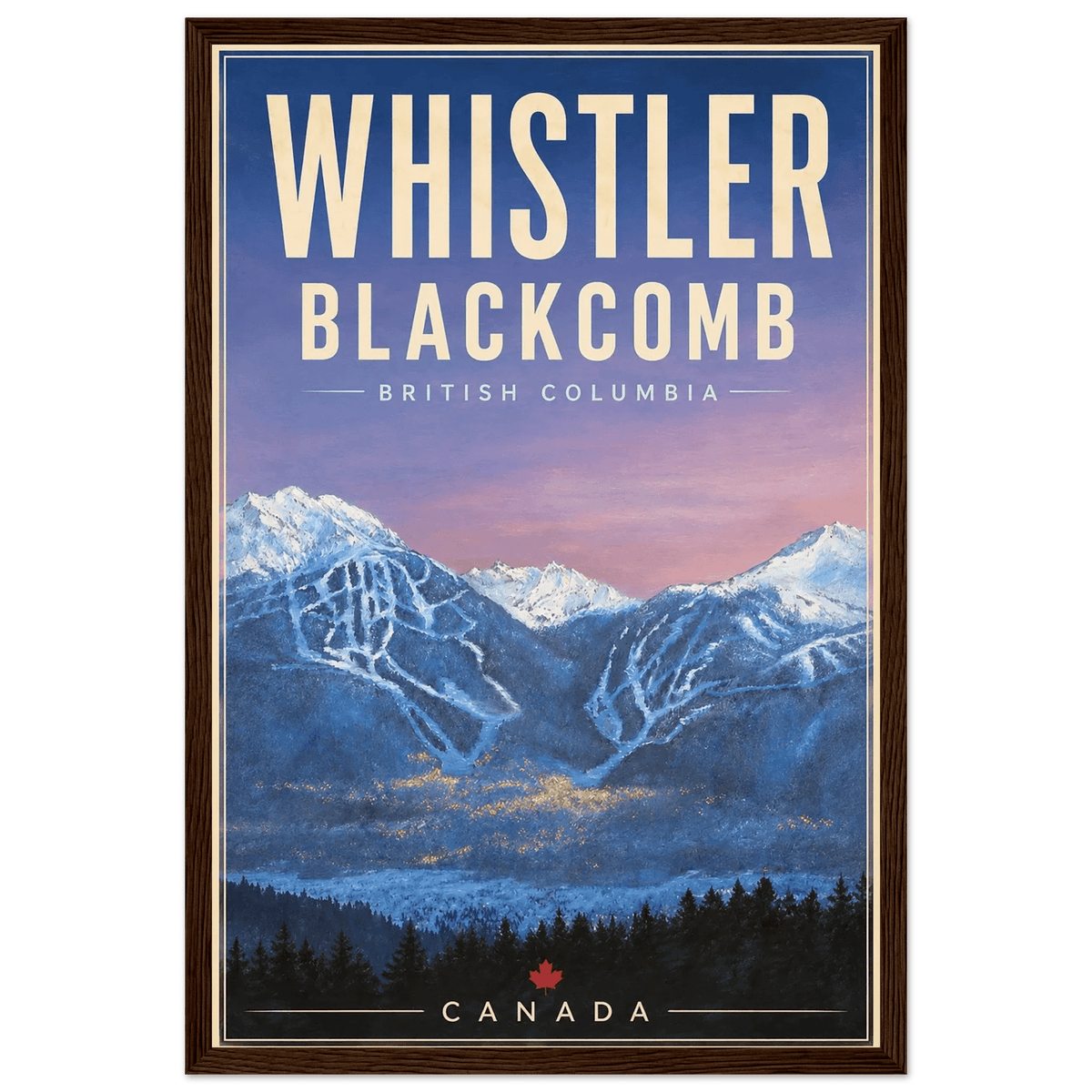 Framed Whistler Blackcomb Resorts poster design No. 2 based on original artwork by Graham Watts