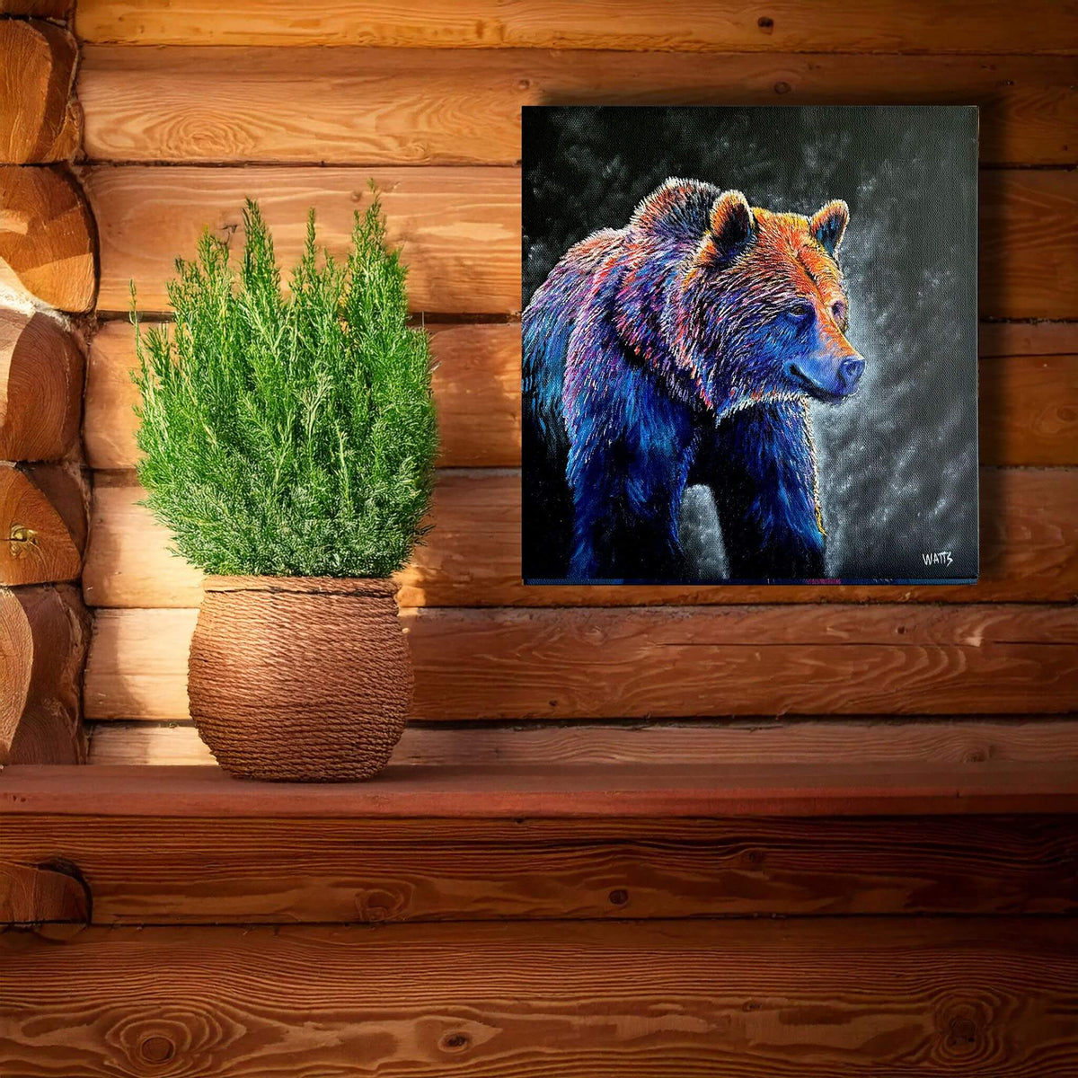 Radiant Strength grizzly bear painting displayed as colourful Canadian wildlife art by Graham Watts