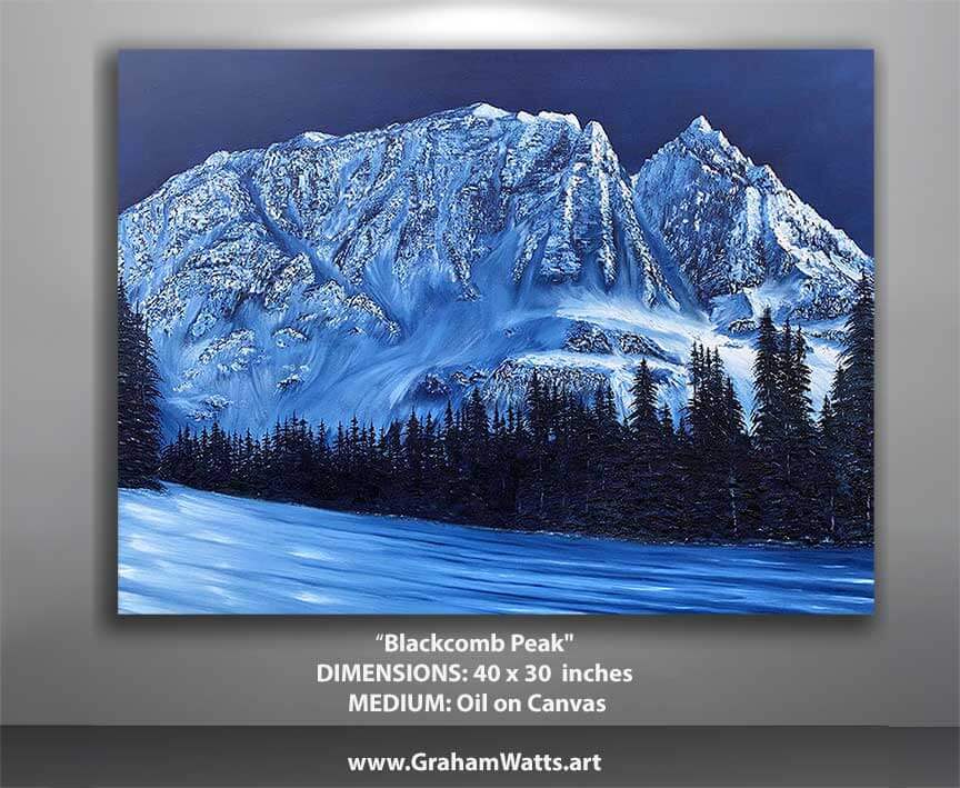 Painting of a snowy mountain landscape with trees, labeled 'Blackcomb Peak' by Graham Watts.