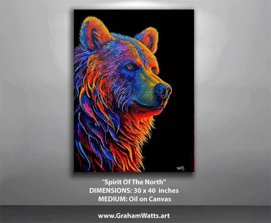 oil painting Colorful bear painting titled 'Spirit Of The North' by Graham Watts on a gray wall.