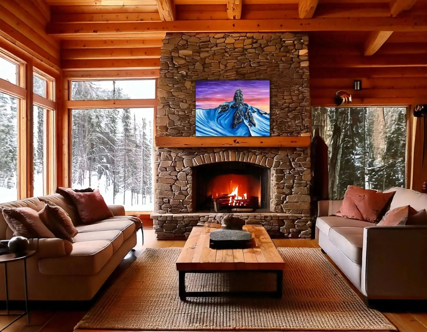 Original Black Tusk Whistler oil painting by Canadian artist Graham Watts shown in a room setting. Mountain landscape artwork titled Black Tusk.
