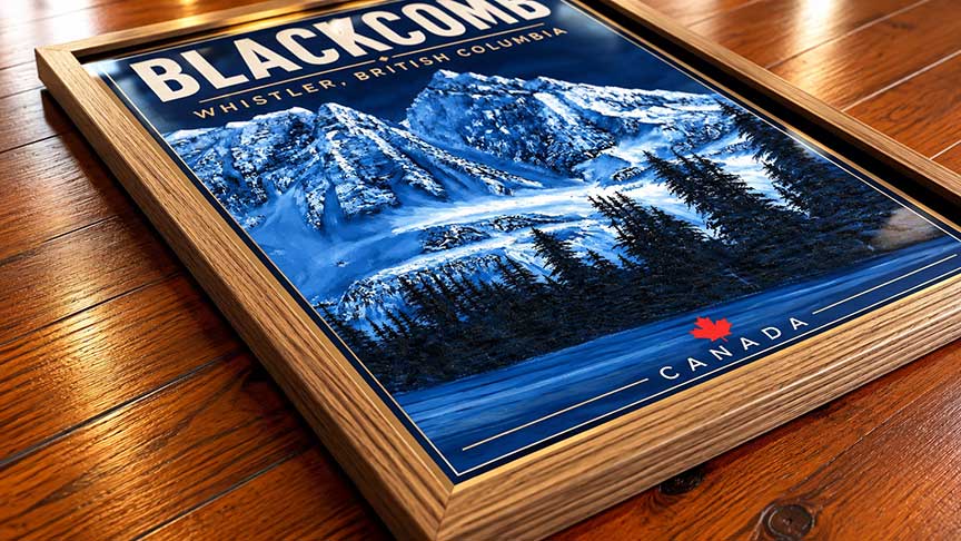 Blackcomb Peak Whistler framed travel poster displayed as ski chalet wall art