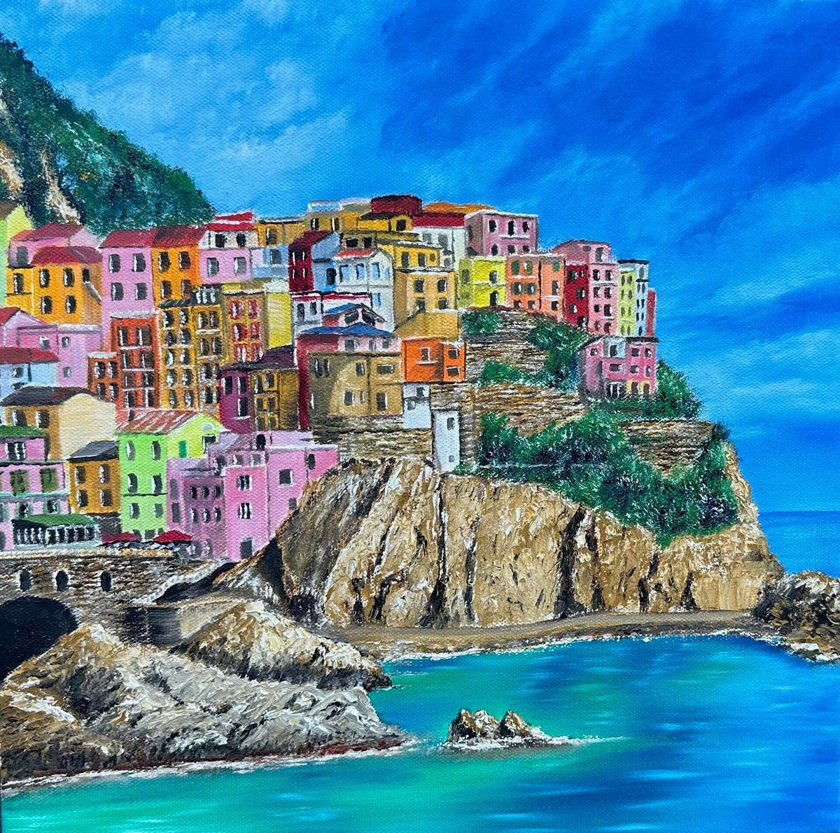 Past commission: Cinque Terre Manarola Italy Painting | 24 x 24 by Graham Watts.