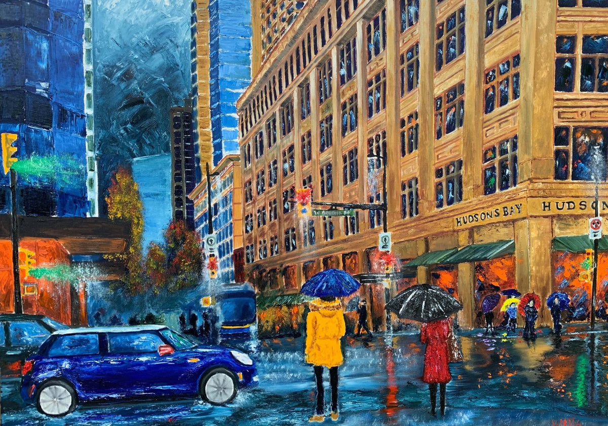 Original Canadian Art | Cityscape Painting - Vancouver, BC, At the corner of West Georgia and Granville Street, the iconic Hudson’s Bay