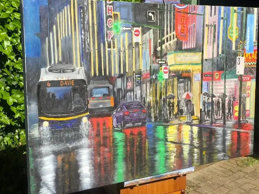 Rainy Granville Street Vancouver cityscape painting with wet pavement reflections by Graham Watts