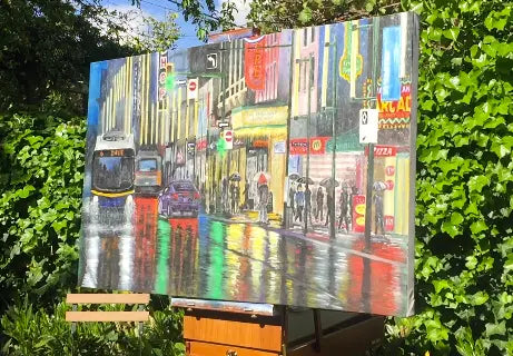 Detail of Reflections on Granville showing colourful lights reflected on a rainy Vancouver street