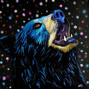 Cosmic Roar original black bear wildlife oil painting in vivid blue and yellow by Graham Watts