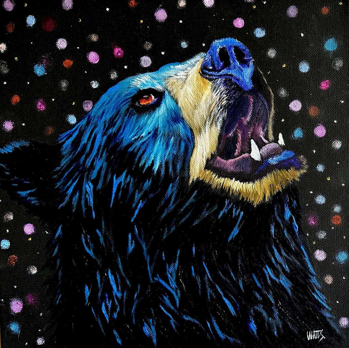 Cosmic Roar original black bear wildlife oil painting in vivid blue and yellow by Graham Watts