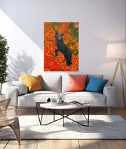 BELLA black bear climbing a tree in colourful fall foliage, original wildlife painting contemporary interior by Graham Watts