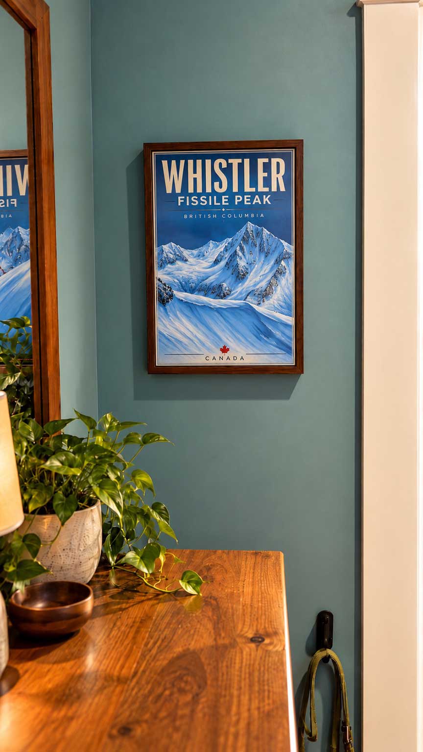Fissile Peak Whistler BC travel poster framed and displayed in a living space