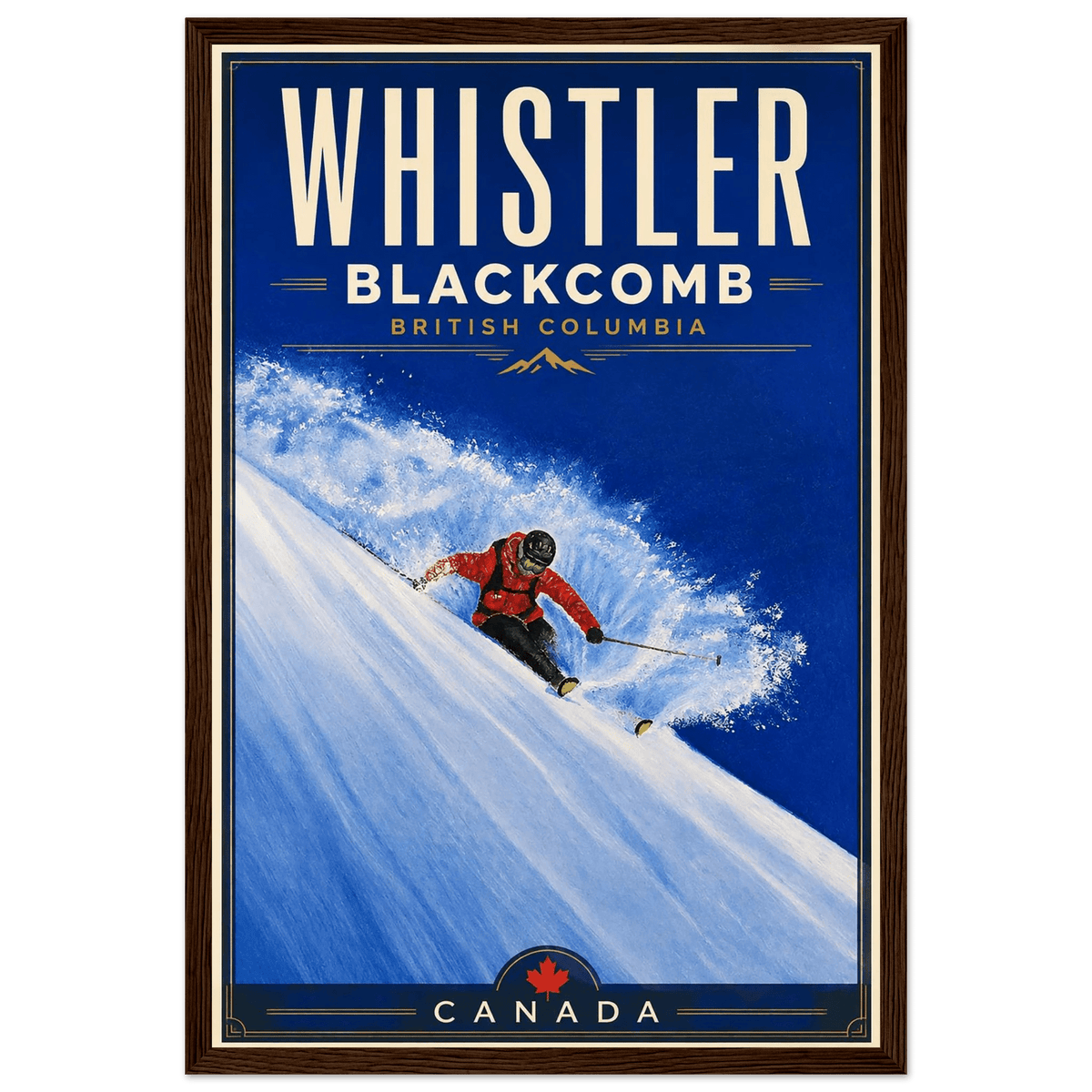 Framed Whistler Blackcomb Resorts poster design No. 1 based on original artwork by Graham Watts