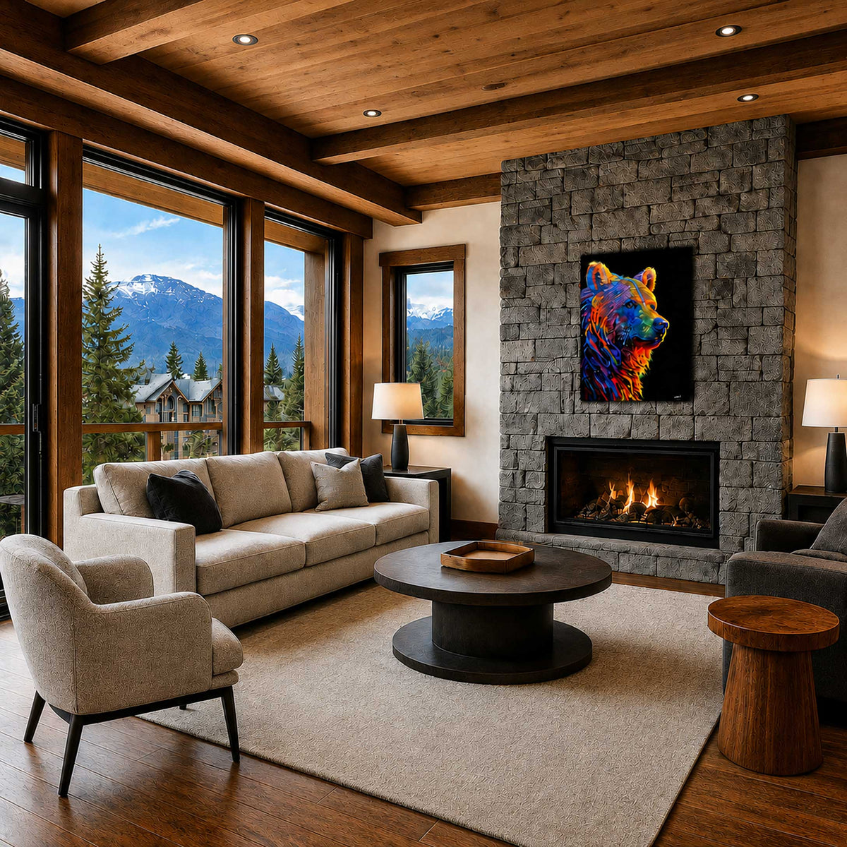 Room preview of Graham Watts’ colourful wolf painting Luminous Guardian above a stone fireplace in a mountain living room.