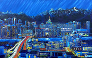 Moonstruck Vancouver original cityscape oil painting featuring BC Place, Rogers Arena and the North Shore mountains by Graham Watts