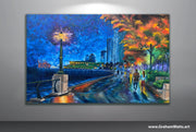 Coal Harbour Vancouver night scene with waterfront reflections, original oil painting by Graham Watts