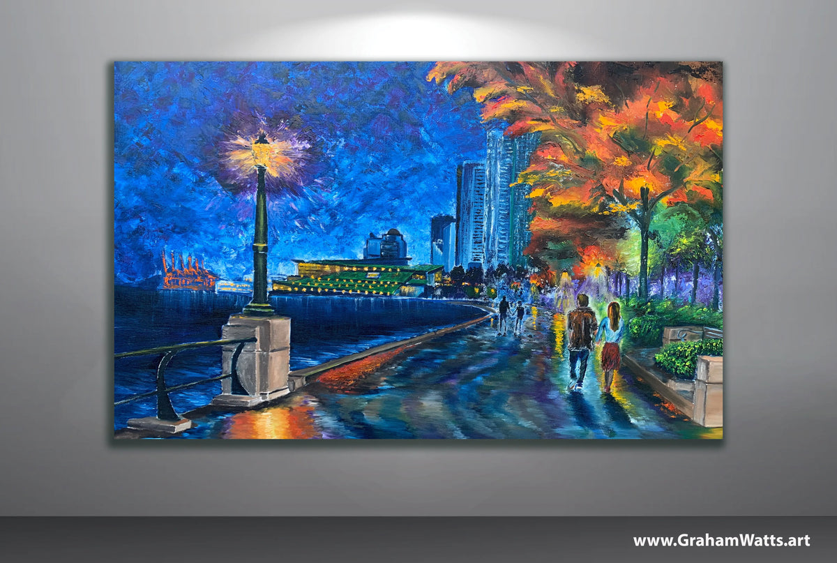 Coal Harbour Vancouver night scene with waterfront reflections, original oil painting by Graham Watts