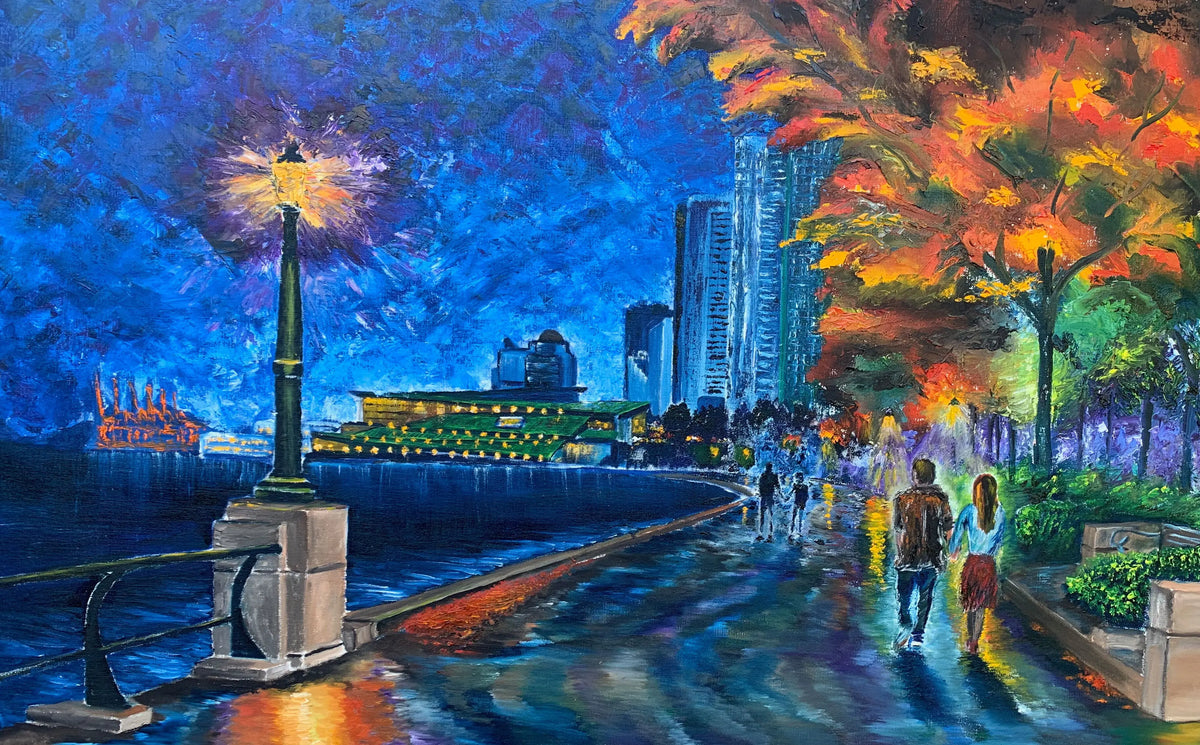 Night Stroll in Coal Harbour, Vancouver, original cityscape oil painting by Canadian artist Graham Watts