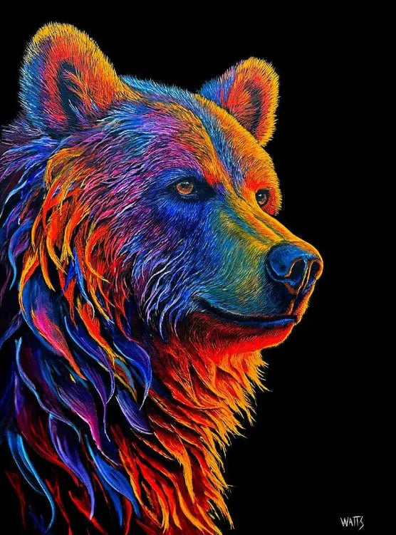 Colorful grizzly bear painting highlighting vibrant hues and details, representing the essence of wildlife art by Graham Watts.