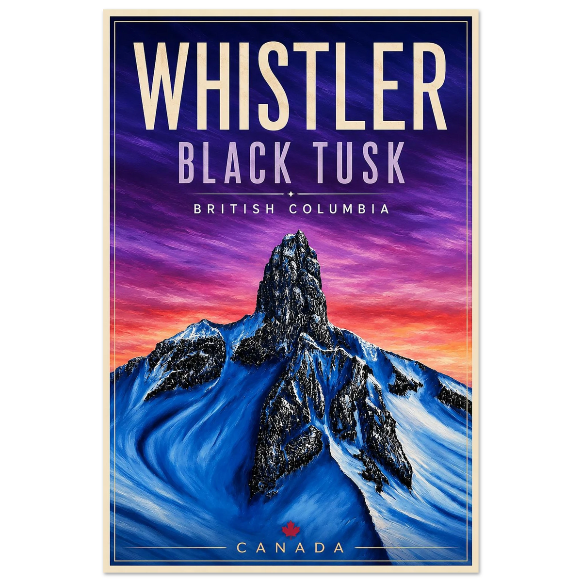 Vintage-style Black Tusk Peak Whistler BC travel poster based on original artwork by Graham Watts