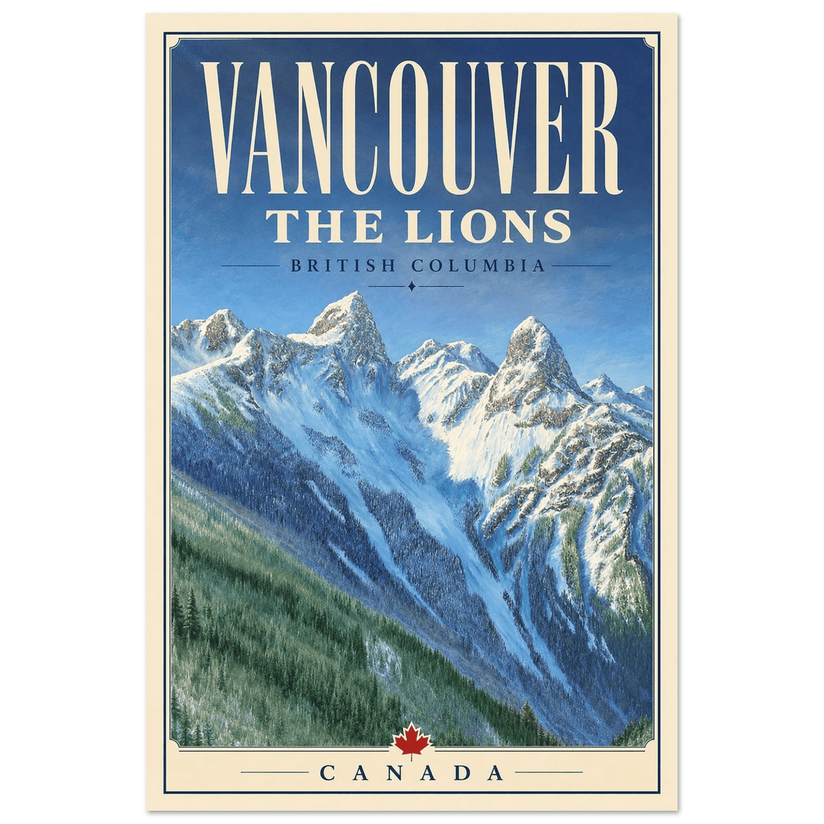 The Lions Vancouver British Columbia travel poster based on original artwork by Graham Watts