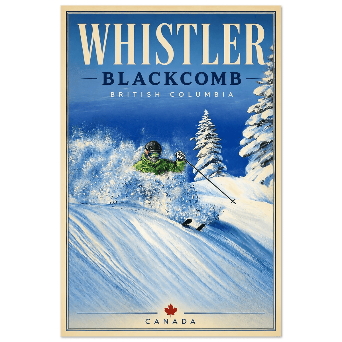Vintage-style Whistler Blackcomb travel poster based on original artwork by Graham Watts