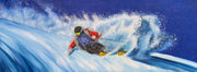 Powder Day original skiing oil painting of a skier carving through fresh powder snow by Graham Watts