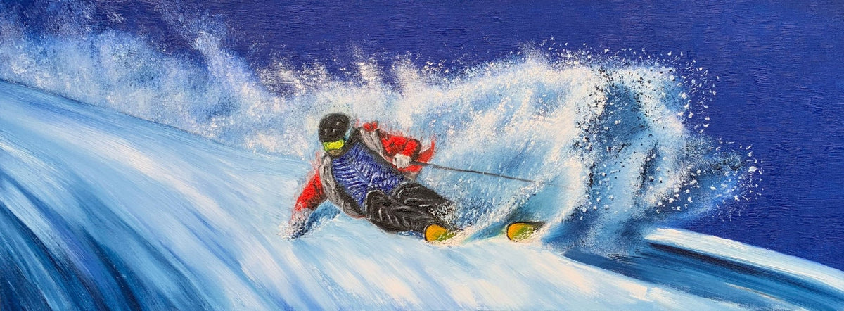Powder Day original skiing oil painting of a skier carving through fresh powder snow by Graham Watts