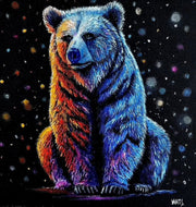 Radiant Bear original grizzly bear wildlife oil painting in vivid blue, orange, purple and red by Graham Watts