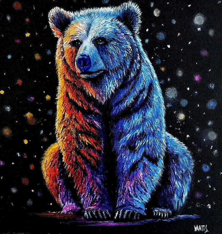 Radiant Bear original grizzly bear wildlife oil painting in vivid blue, orange, purple and red by Graham Watts