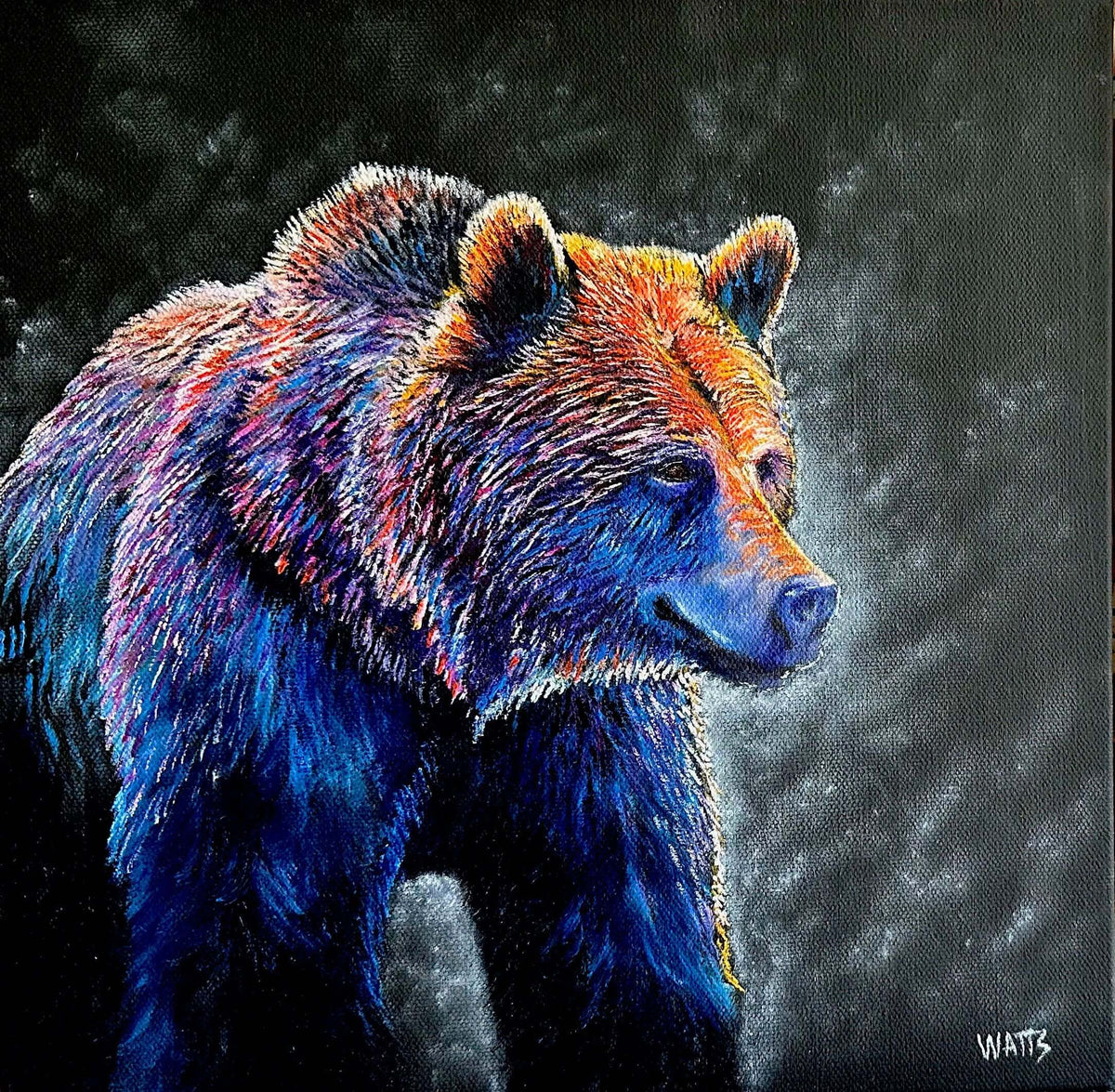 Radiant Strength original grizzly bear wildlife oil painting in vivid blue, orange, purple and pink by Graham Watts