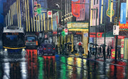 Reflections on Granville original Vancouver cityscape oil painting of a rainy night on Granville Street by Graham Watts
