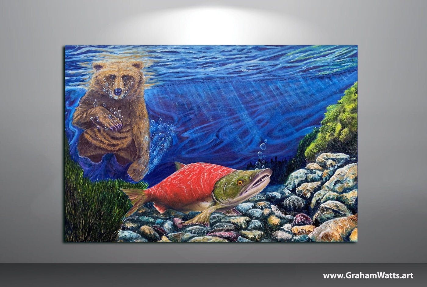 Salmon artwork: "OH SH*T" Sockeye Salmon meets Grizzly Bear - Artist Graham Watts | Canadian Oil Painter in Vancouver, BC