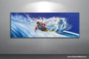 Powder Day ski painting with a skier carving across a vivid blue snowy slope