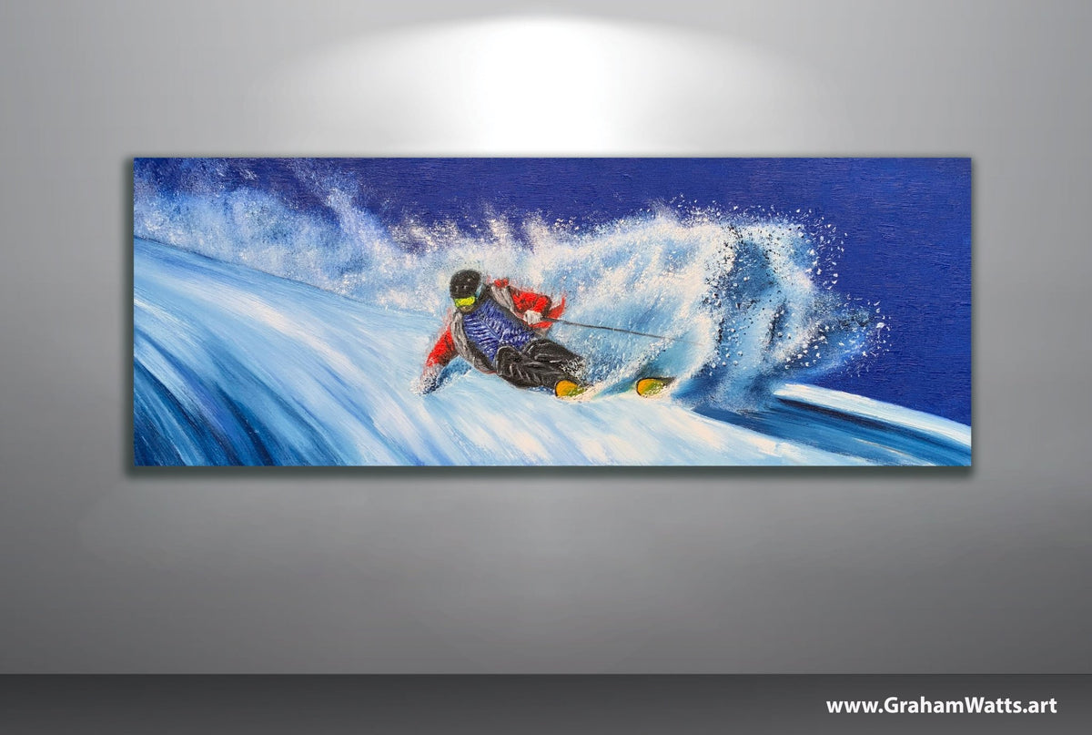 Powder Day ski painting with a skier carving across a vivid blue snowy slope