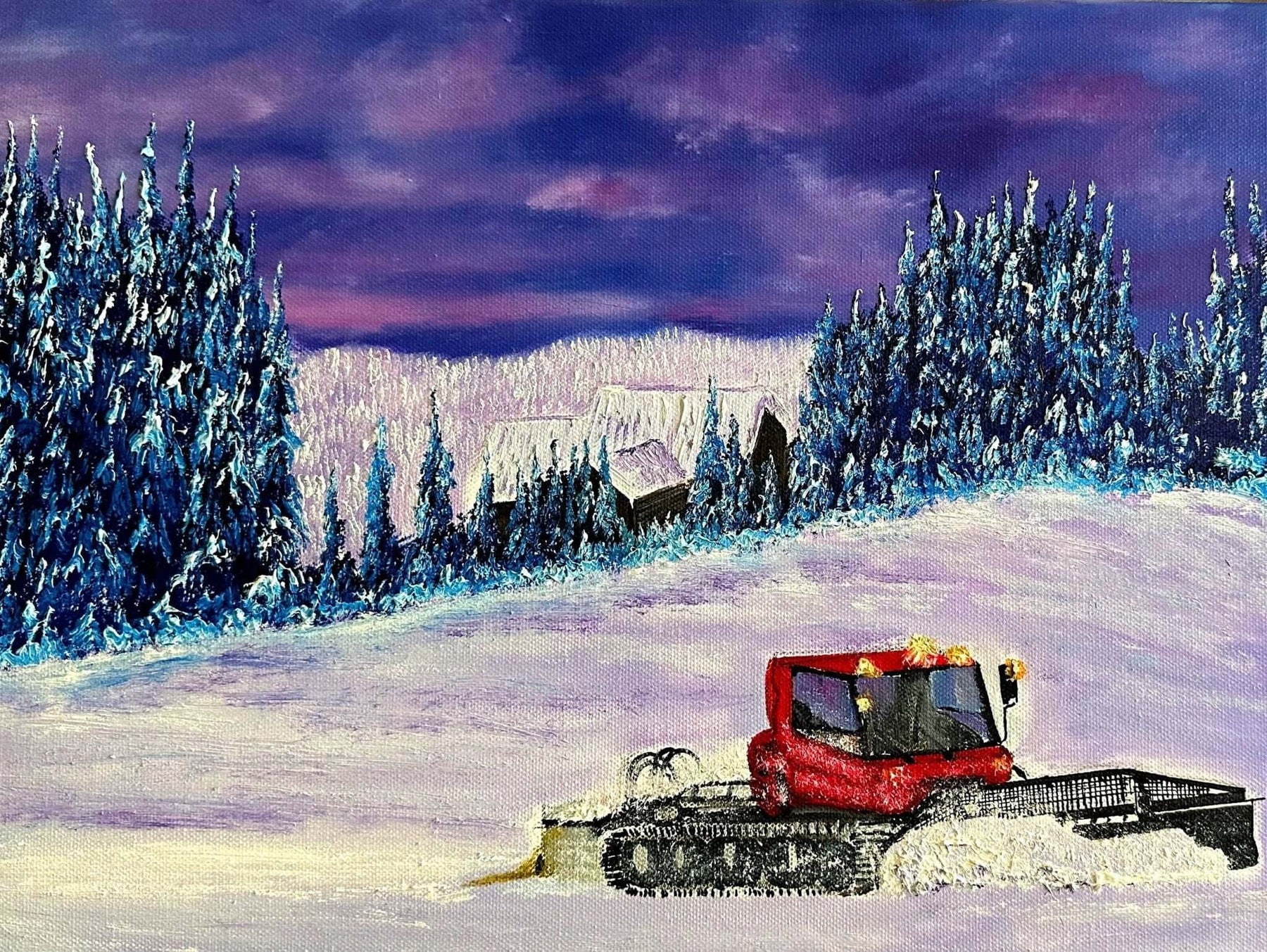 Snowcat Serenity original winter snow groomer oil painting by Graham Watts