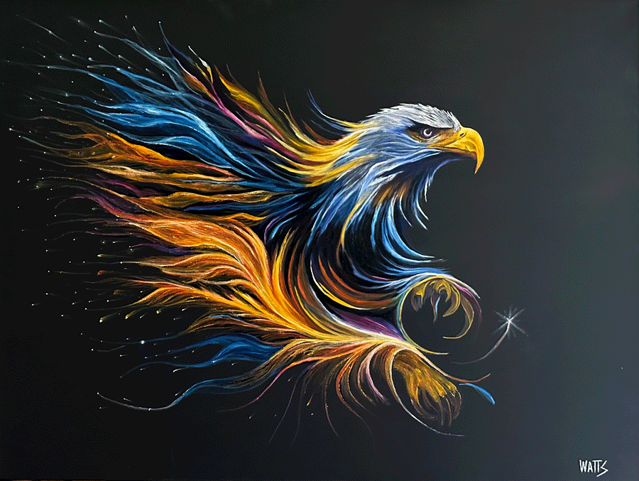Soul of an Eagle original bald eagle wildlife oil painting in blue, gold, orange and white by Graham Watts