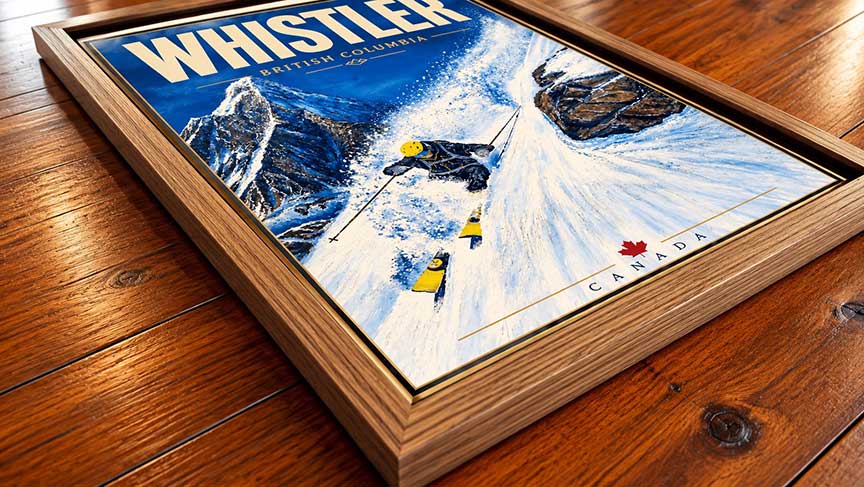 Spanky's Ladder Whistler wall art framed ski poster displayed in a mountain interior