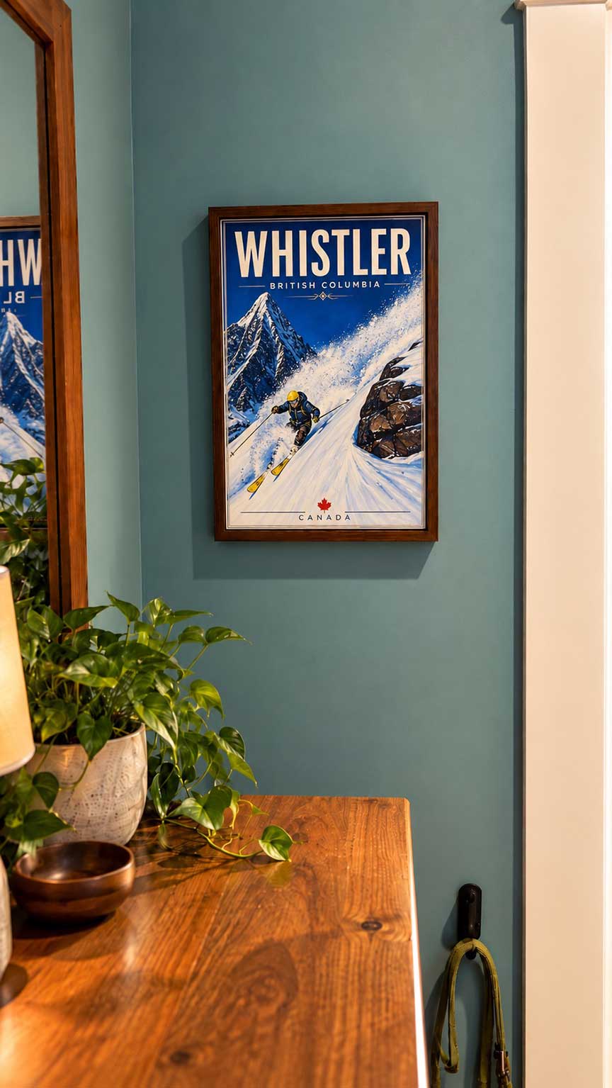 Spanky's Ladder Blackcomb framed travel poster displayed as Whistler ski wall art