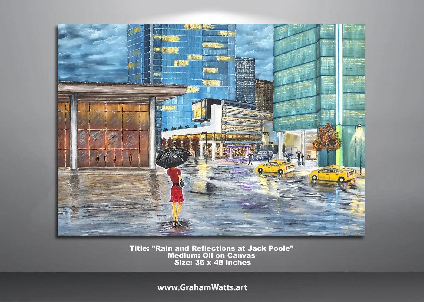 Rain and Reflections at Jack Poole original Vancouver cityscape painting by Graham Watts