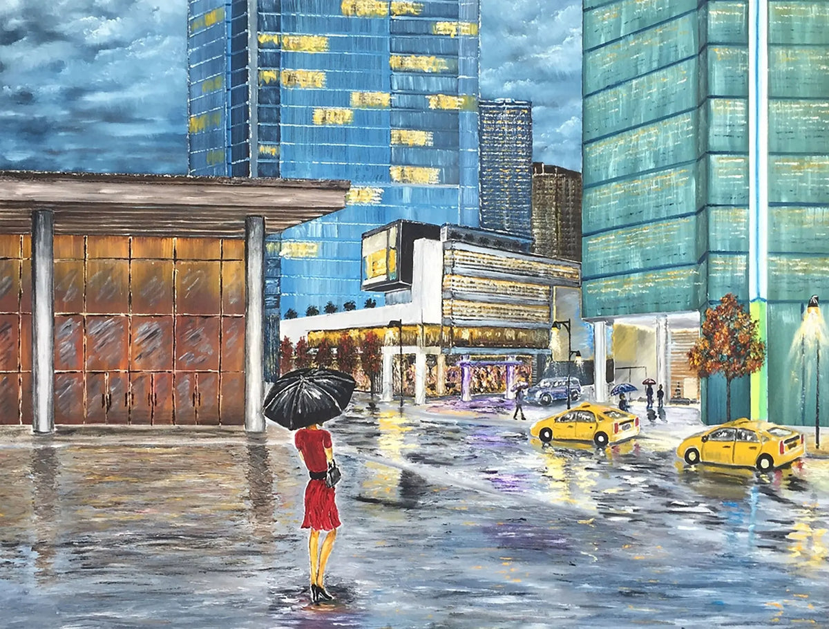 Rain and Reflections at Jack Poole original Vancouver cityscape painting by Graham Watts