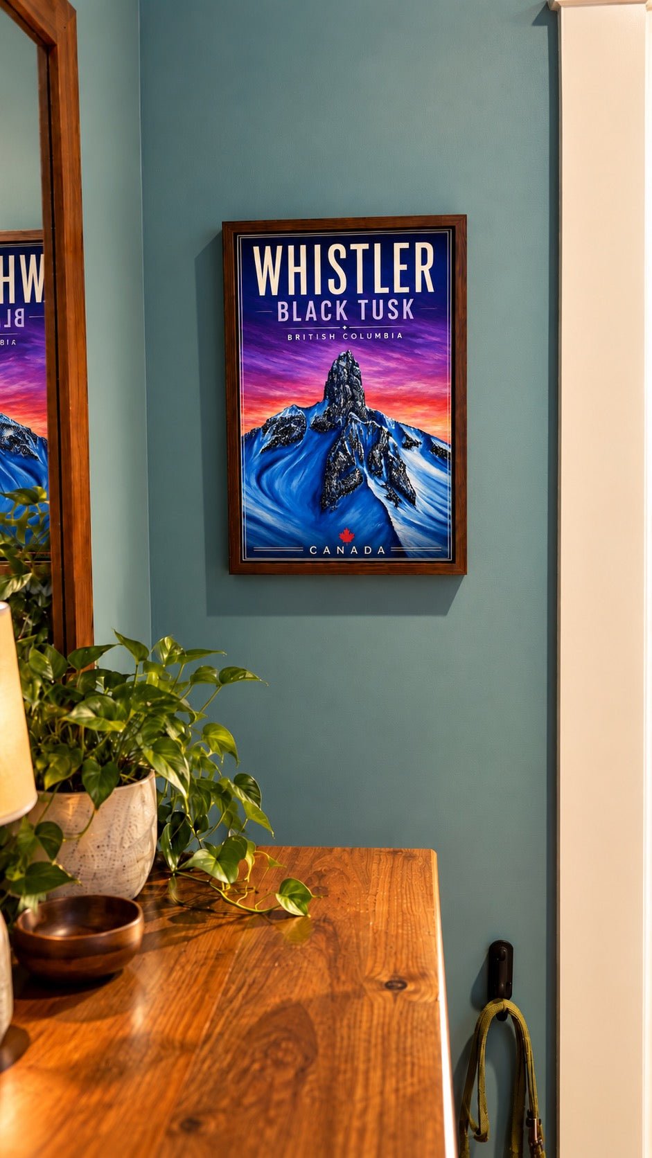 Black Tusk Whistler BC framed travel poster displayed as wall art in a living space