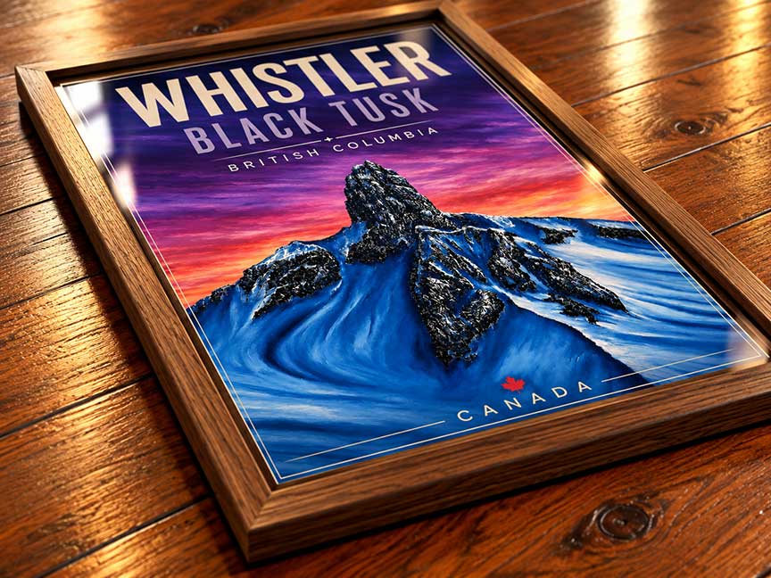 Black Tusk Whistler wall art framed ski poster displayed in a mountain-style interior