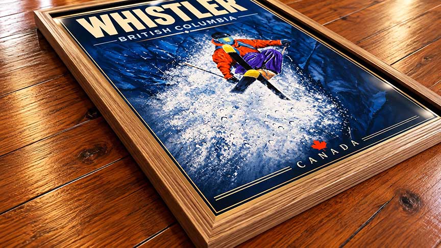 Whistler BC framed travel poster displayed as wall art in a contemporary interior