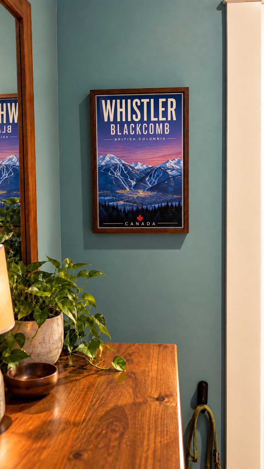 Whistler Blackcomb travel poster framed and displayed as ski chalet wall art