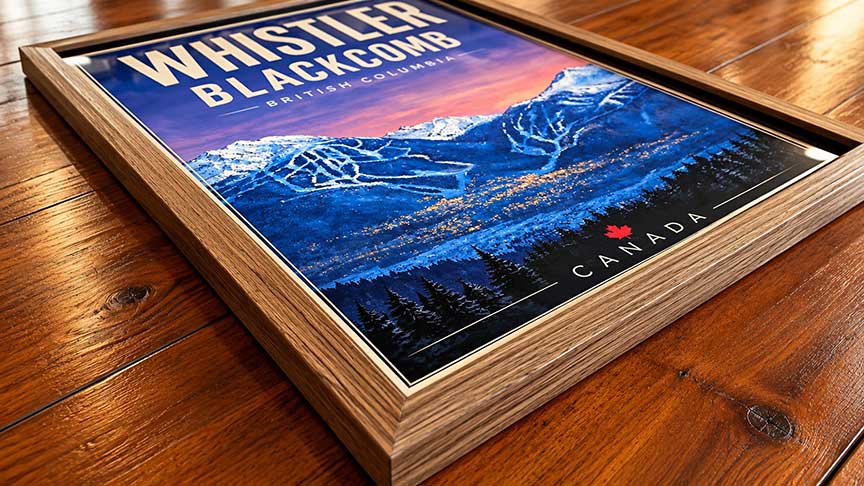 Whistler Blackcomb framed ski poster displayed as wall art in a modern interior