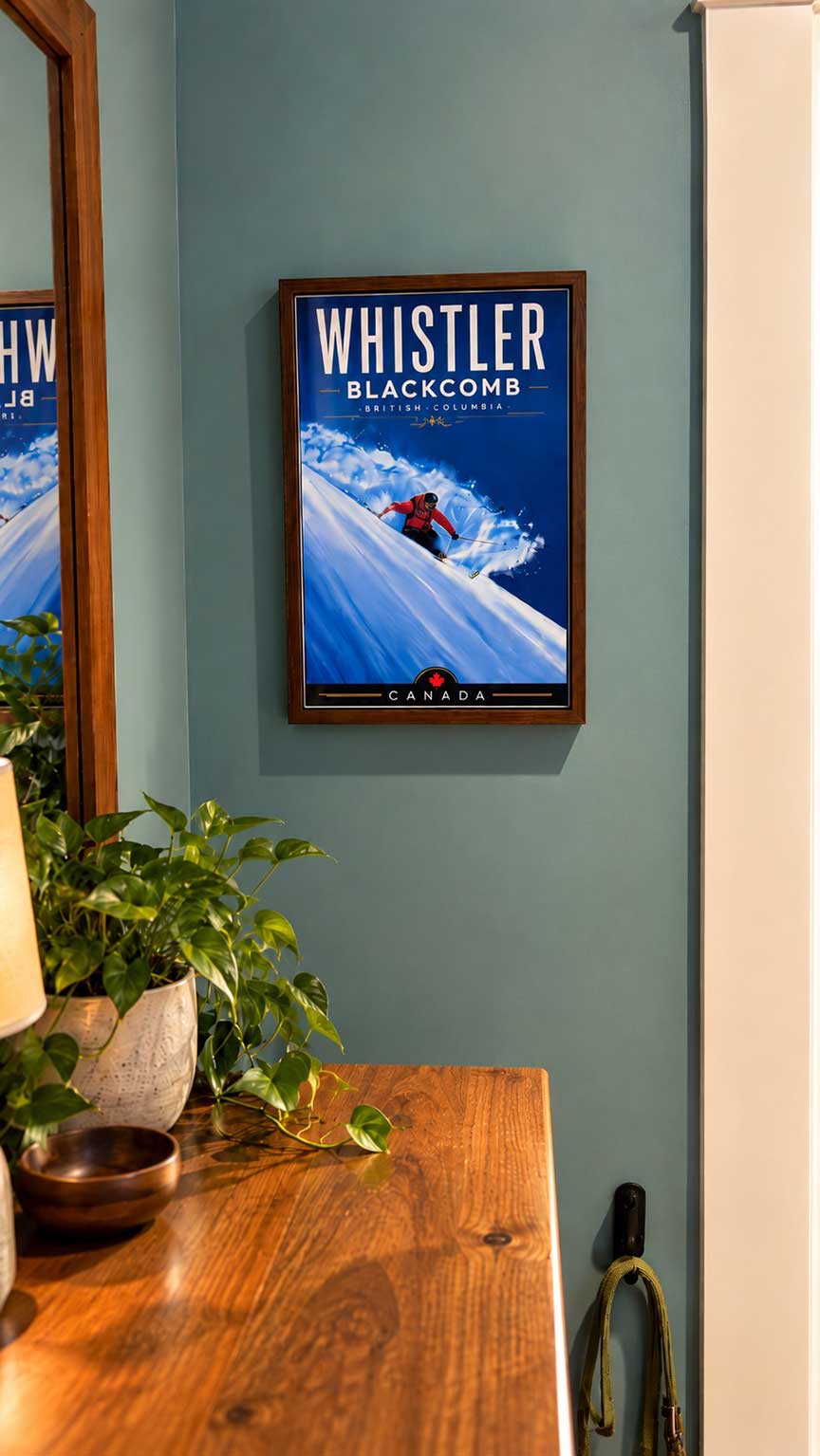 Whistler Blackcomb BC framed ski poster displayed as mountain home wall art