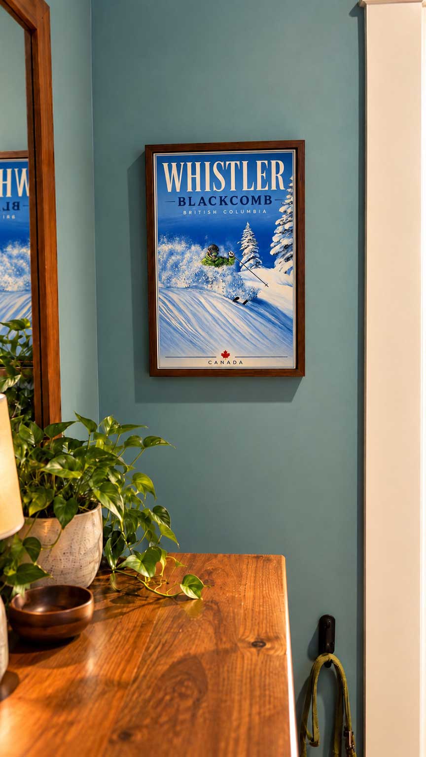 Whistler Blackcomb powder skiing wall art framed travel poster in a living space