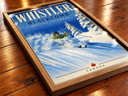 Whistler powder skiing art poster framed and displayed in a contemporary interior