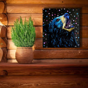 Cosmic Roar colourful black bear painting displayed in a contemporary interior by Graham Watts