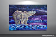 Detail of Polar Solitude showing a polar bear in blue, gold and purple Arctic light