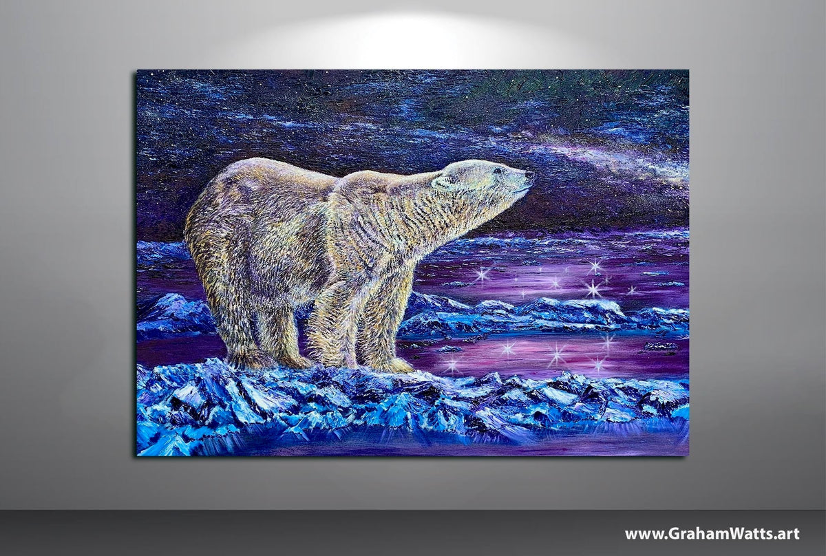 Detail of Polar Solitude showing a polar bear in blue, gold and purple Arctic light